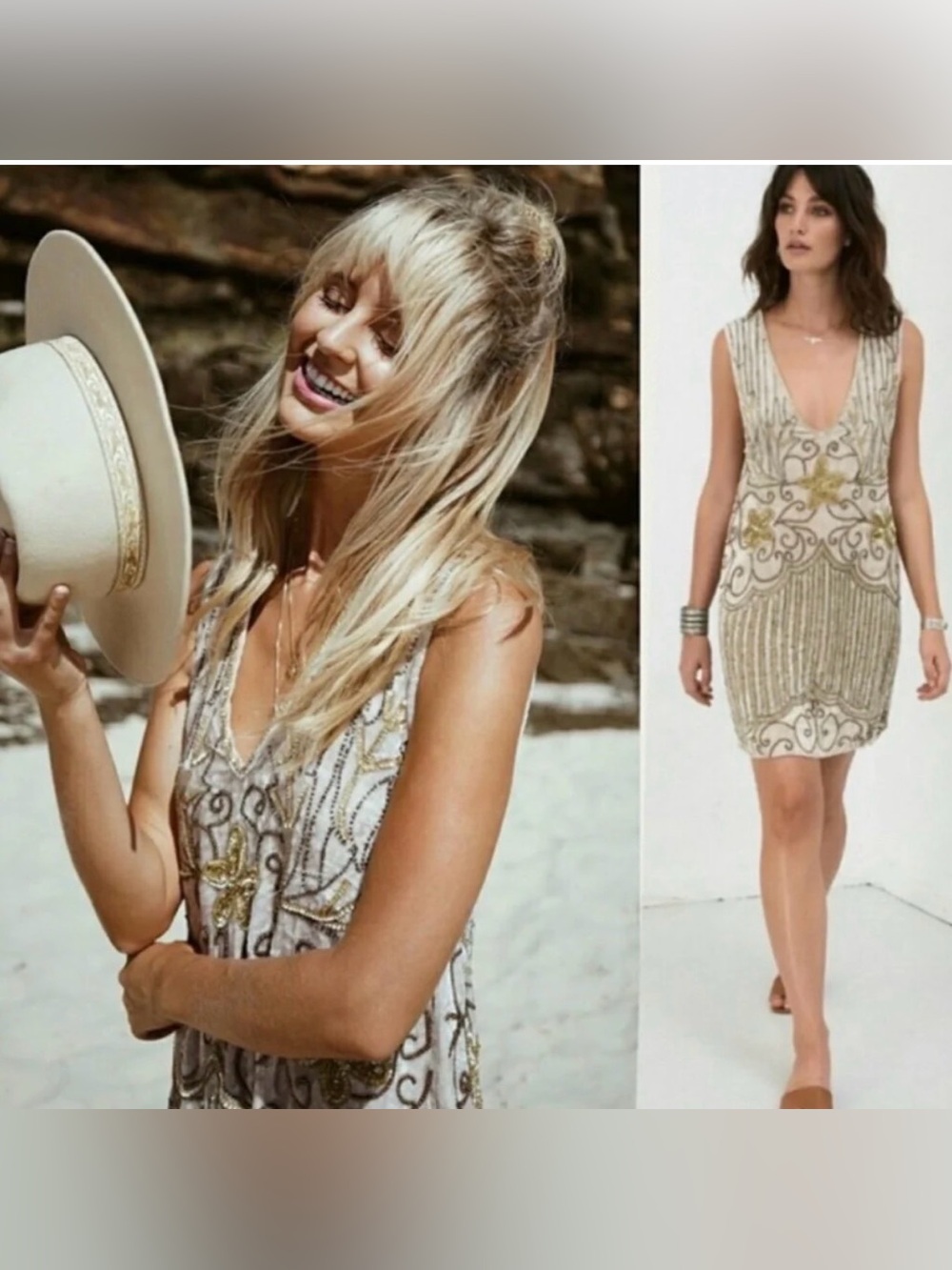 Spell Beaded V-Neck Mini Dress in Ivory and Gold